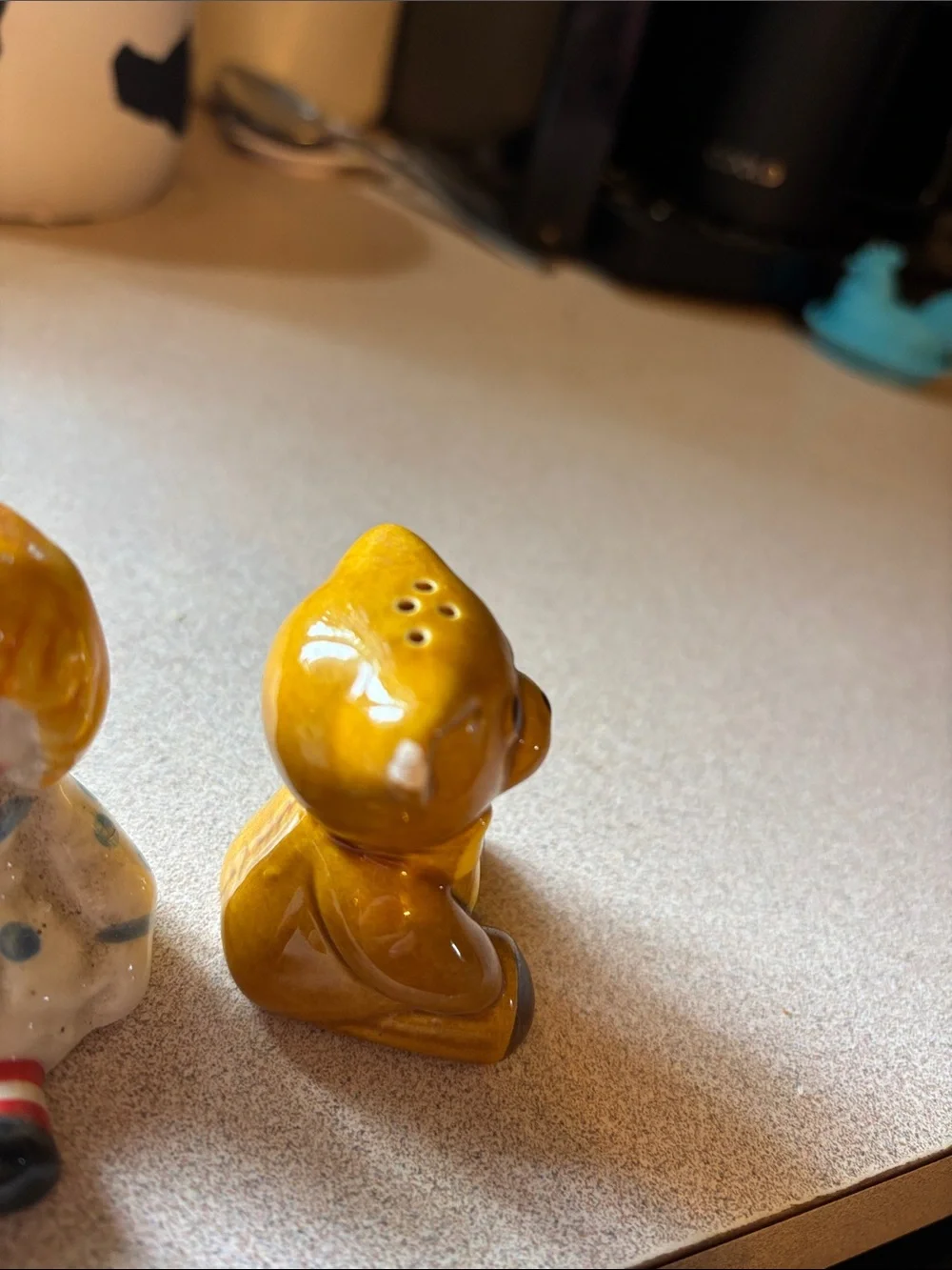Yellow Ceramic Doll & Bear salt & Pepper Shakers